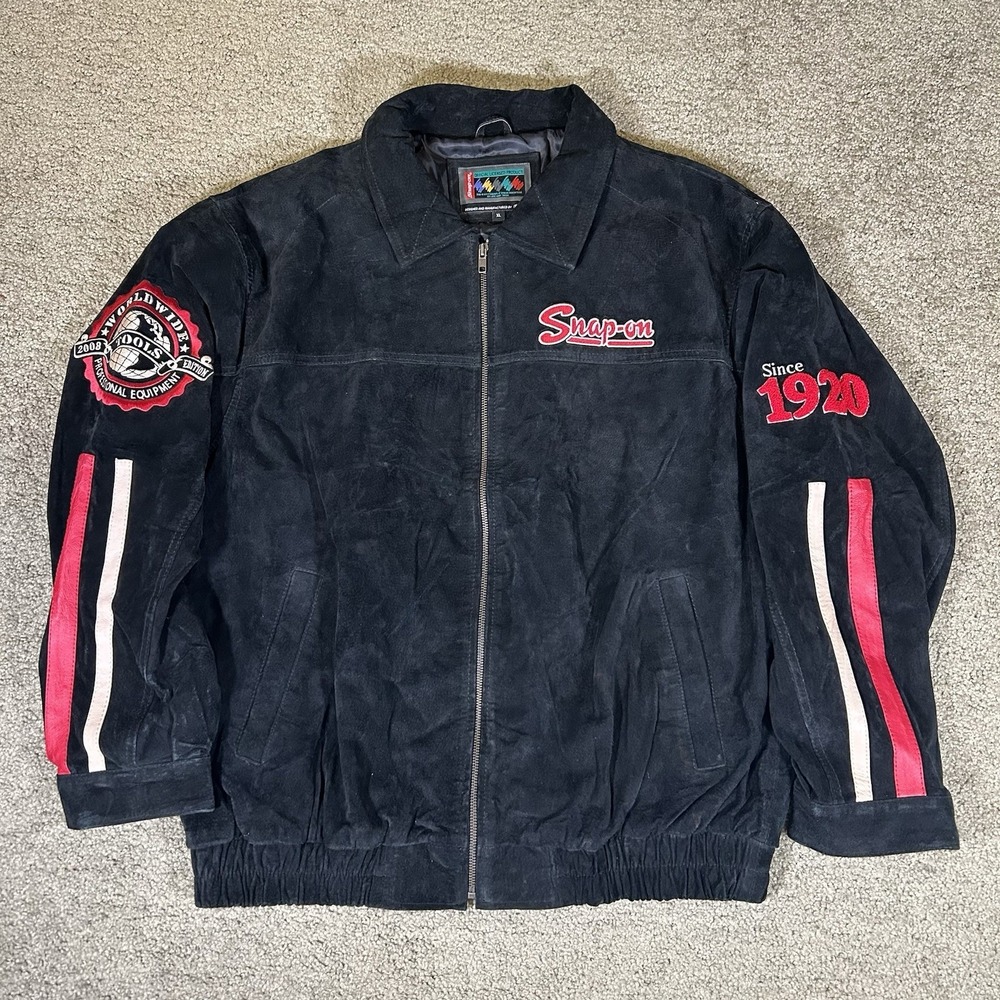 Snap On Tools 2008 Edition Black Suede Leather Embroid Applique Bomber Jacket XL